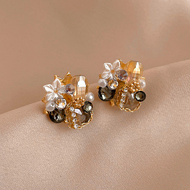 925 Silver Needle Retro Crystal Inlaid Rhinestone Flower Geometric Stud Earrings Women's Fashion Advanced Sense Temperament Earrings