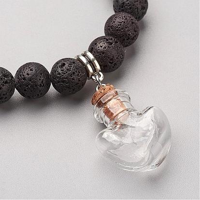 Lava Rock Bead Charm Bracelets, Stretch Bracelets, with Glass Bottle Pendants, Mixed Shape