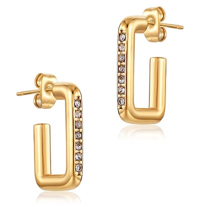 Clear Cubic Zirconia Rectangle Stud Earrings, 430 Stainless Steel Half Hoop Earrings for Women
