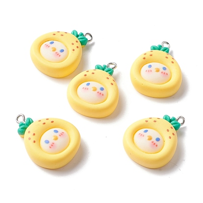 Opaque Resin Pendants, with Platinum Tone Iron Loop, Cartoon Style, Ananas