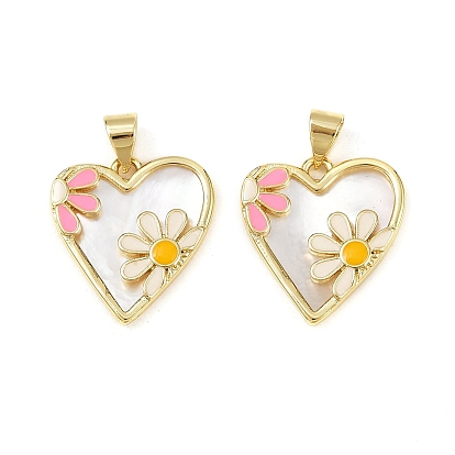Латунь эмаль подвески, с естественной оболочке, сердце с цветочным шармом, без кадмия и без свинца, стойки покрытие, долговечный