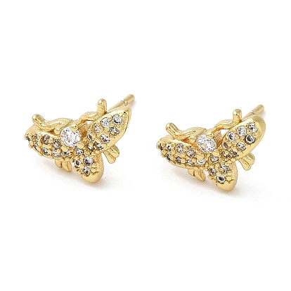 Rack Plating Brass Moth Stud Earrings with Cubic Zirconia, Lead Free & Cadmium Free