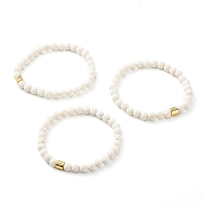 Round Natural Lava Rock Beads Stretch Bracelet for Girl Women, Column Brass Micro Pave Cubic Zirconia Beads Bracelet, Golden, Mixed Pattern