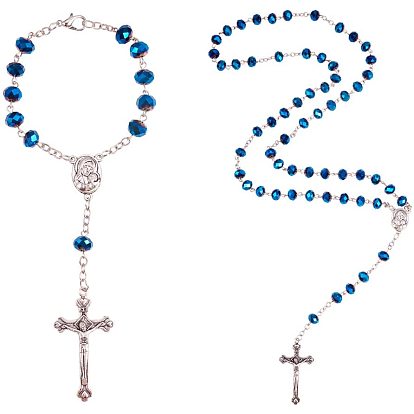 Jewelry Sets, Electroplate Glass Rosary Bead Bracelaets and Necklaces, with Alloy Crucifix Cross Pendants and Jewelry Cardboard Boxes, For Easter