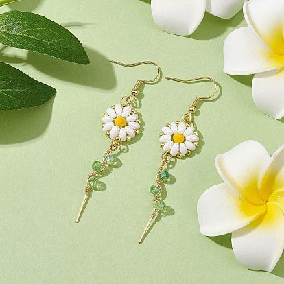 Daisy Flower Glass Dangle Earrings, Alloy Wire Wrapped Long Drop Earrings