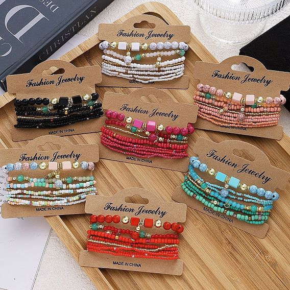 8шт 8 стили набор браслетов из стеклянных бусинок, составной браслет для женщин, со сплавом