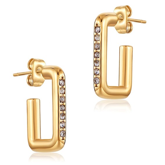 Clear Cubic Zirconia Rectangle Stud Earrings, 430 Stainless Steel Half Hoop Earrings for Women