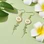 Daisy Flower Glass Dangle Earrings, Alloy Wire Wrapped Long Drop Earrings