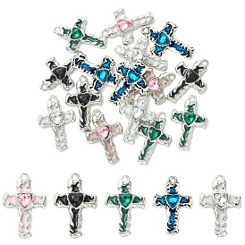15 piezas 5 colores aleación esmalte con colgantes de diamantes de imitación, cruz con patrón de corazón, Platino