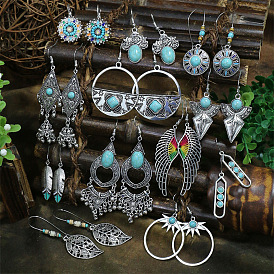 Boho Silver Geometric Turquoise Tassel Earrings for Women
