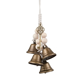 Iron Bell Pendant Decoration, Alloy Key & Wood Beads and Jute Cord for Home Door Hanging Ornaments