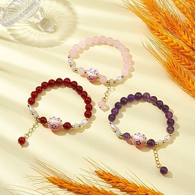 3Pcs Natural Amethyst & Carnelian & Dyed Malaysia Beaded Stretch Bracelets, Lucky Cat