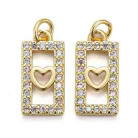 Brass Micro Pave Clear Cubic Zirconia Pendants, Long-Lasting Plated, Rectangle with Heart