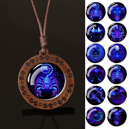 Плоский круглый с двенадцатью созвездиями подвеска из синего стекла и дерева ожерелье из вощеной кожи шнур для женщин и мужчин