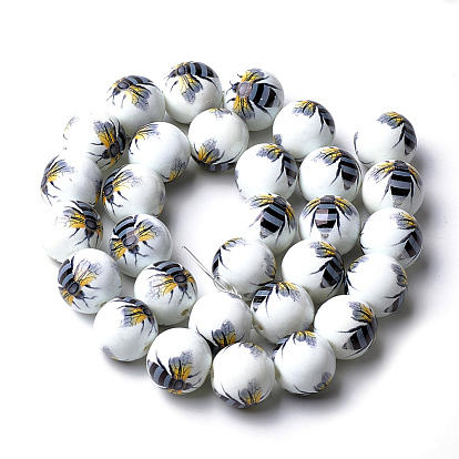 Printed & Spray Painted Glass Beads, Round with Bee Pattern