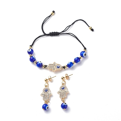 Lampwork Evil Eye Braided Bead Bracelet and Dangle Stud Earrings, Rhinestone Hamsa Hand Jewelry for Women