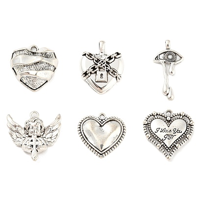 Alloy Pendants, Wing/Eye/Heart/Round/Lock, Antique Silver