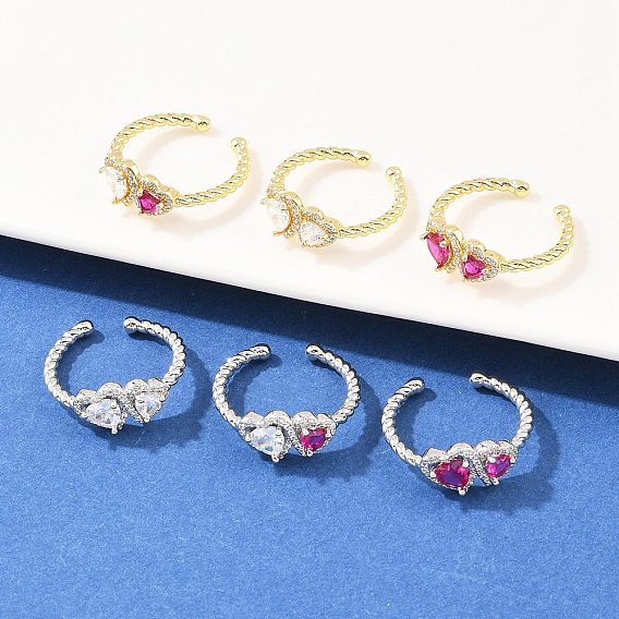 Латунные микропаве кубические цирконии манжеты открытые кольца для женщин, сердце, стойки покрытие, долговечный, без кадмия и без свинца, настоящий 18k позолоченный/платиновый