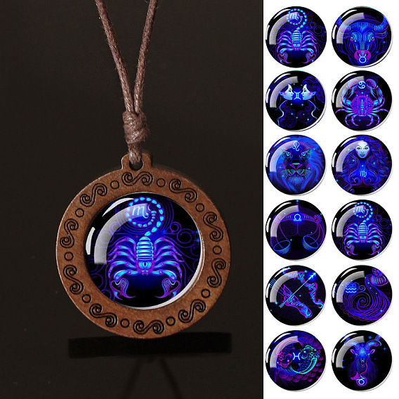 Плоский круглый с двенадцатью созвездиями подвеска из синего стекла и дерева ожерелье из вощеной кожи шнур для женщин и мужчин