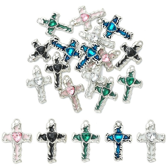 15Pcs 5 Colors Alloy Enamel with Rhinestone Pendants, Cross with Heart Pattern, Platinum