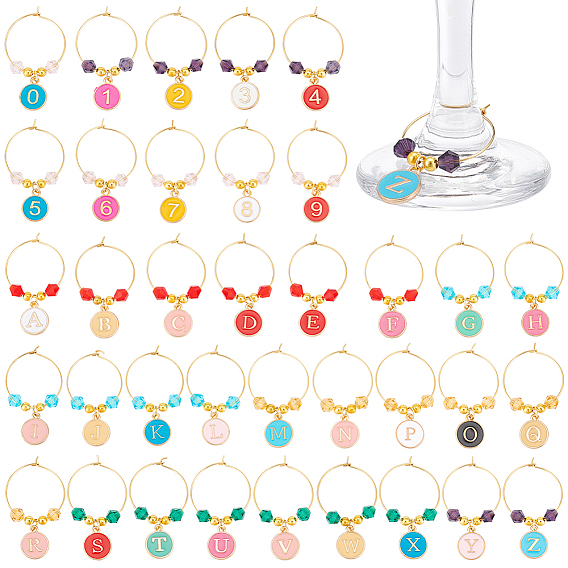 36 шт. 36 стили сплава эмали бокалы для вина подвески, с 316 серьгами-кольцами из хирургической нержавеющей стали, плоский круглый с буквой a~z и цифрой 0~9