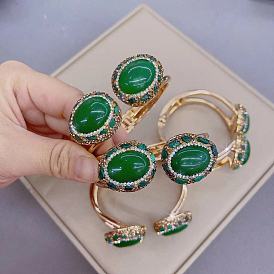 Luxury Jadeite Bracelet with Natural Peacock Stone Inlay and Color Protection Plating
