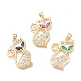 Brass Micro Pave Clear Cubic Zirconia Pendants, Cat, Real 18K Gold Plated
