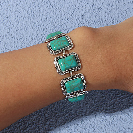 Ethnic Retro Turquoise Bracelet with Geometric Carved Hand Jewelry - Bohemian Style