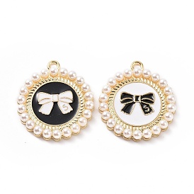 Alloy Enamel Pendants, with Plastic Imitation Pearl, Light Gold, Flat Round with Bowknot Charm