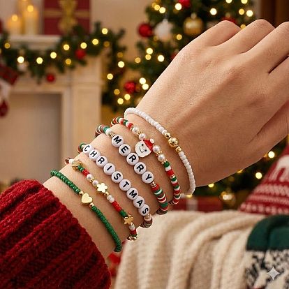 Рождественские эластичные браслеты из латуни, смолы и стеклянных бусин, Очаровательные праздничные украшения для женщин