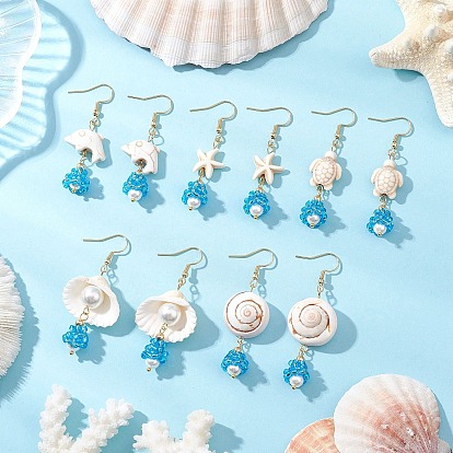 Серьги-подвески из ракушечного стекла, золотые, с имитацией жемчуга