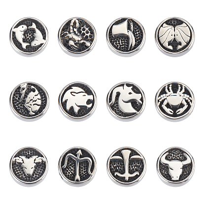 12Pcs 12 Style 304 Stainless Steel Beads, Flat Round with Twelve Constellations