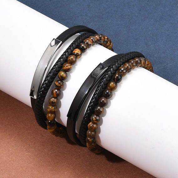 Плетеные кожаные многорядные браслеты для мужчин, с натуральным тигровым глазом и 316 хирургической нержавеющей сталью и 304 фурнитурой из нержавеющей стали