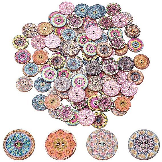 100шт 2-отверстие тополь доска кнопки, плоские круглые с цветком
