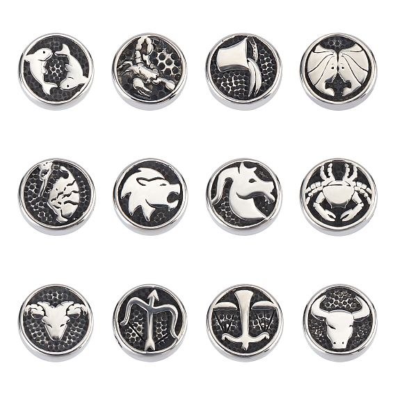 12pcs 12 Stil 304 Edelstahlperlen, flach rund mit zwölf Konstellationen
