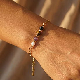 Armbänder aus facettierten, runden, natürlichen schwarzen Onyxperlen (gefärbt und erhitzt), Tigerauge, Amethyst und Muschelperlen mit Edelstahl-Kabelketten