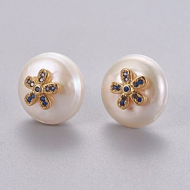 Natural Pearl Stud Earrings, with Brass Micro Pave Cubic Zirconia Findings, Flat Round with Flower, Long-Lasting Plated, with Ear Nuts