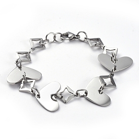 304 Stainless Steel Link Chain Bracelets, with Lobster Claw Clasps, Heart and Star
