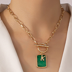 Fashionable cold style emerald drop glaze square tag letter OT buckle necklace for women