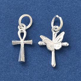 925 Sterling Silver Pendants, Silver, Ankh Cross/Butterfly, with 925 Stamp & Jump Rings