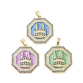 Rack Plating Brass Micro Pave Clear Cubic Zirconia Pendants, with Enamel, Long-Lasting Plated, Lead Free & Cadmium Free, Hexagon & Castle Charms