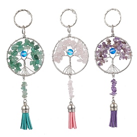 Tree of Life Alloy Natural Gemstone & Synthetic Moonstone Keychain, Faux Suede Tassel Keychain with Iron Ring