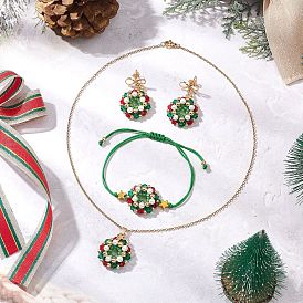 Рождественский венок стеклянные бусины браслеты и подвески ожерелья и серьги-гвоздики наборы, 304 наборы украшений из ракушечных бусин и латуни и нержавеющей стали для женщин