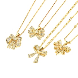Brass Micro Pave Clear Cubic Zirconia Pendant Necklaces, Bowknot