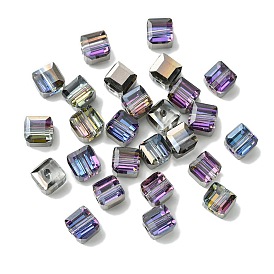 100Pcs Transparent Electroplate Glass Beads, Half Rainbow Plated, Faceted, Cube