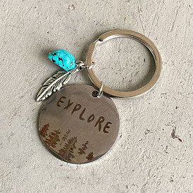 Western Turquoise Round Jewelry Sunflower Boots Arrow Feather Key Ring Creative Texture Metal Keychain