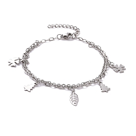304 Stainless Steel Double Chains Multi-strand Bracelets, Leaf & Tree & Clover 201 Stainless Steel Charm Bracelet for Women