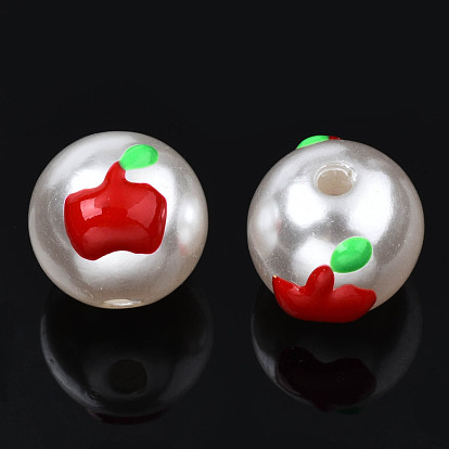 ABS Plastic Imitation Pearl Beads, with Enamel, Round with Apple