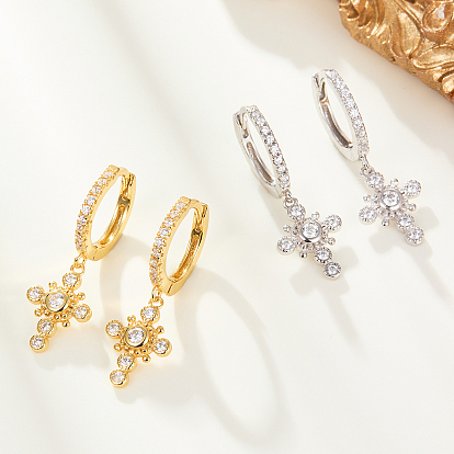 S925 Sterling Silver Cross Hoop Earrings, with Clear Cubic Zirconia