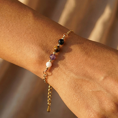 Pulseras redondas facetadas de ónix negro natural (teñido y tratado térmicamente), ojo de tigre, amatista y cuentas de concha con cadenas de cable de acero inoxidable